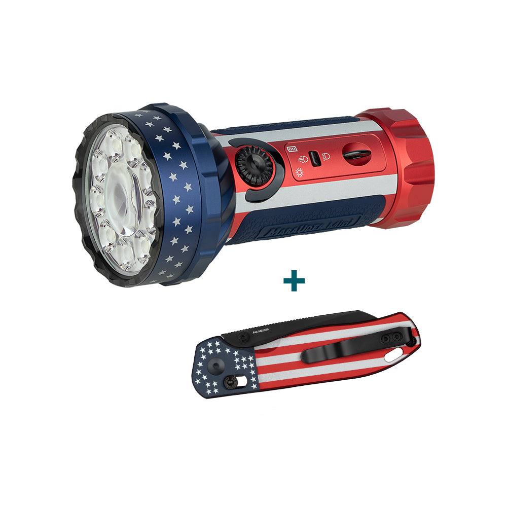 Olight Marauder Mini Powerful LED Flashlight Bundle - Stars & Stripes Edition+Rubato 2 Stars & Stripes Edition
